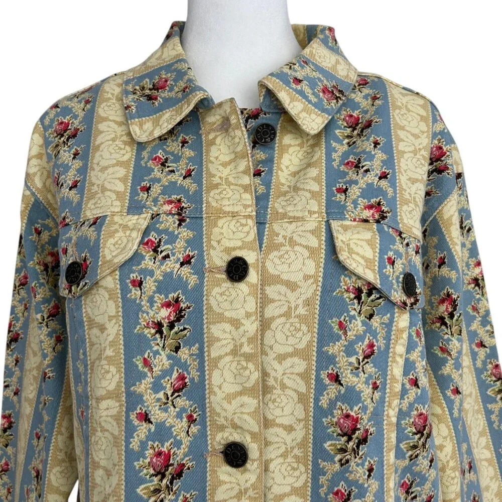 Denim & Co Vintage Striped Floral Denim Jean Jacket (M)